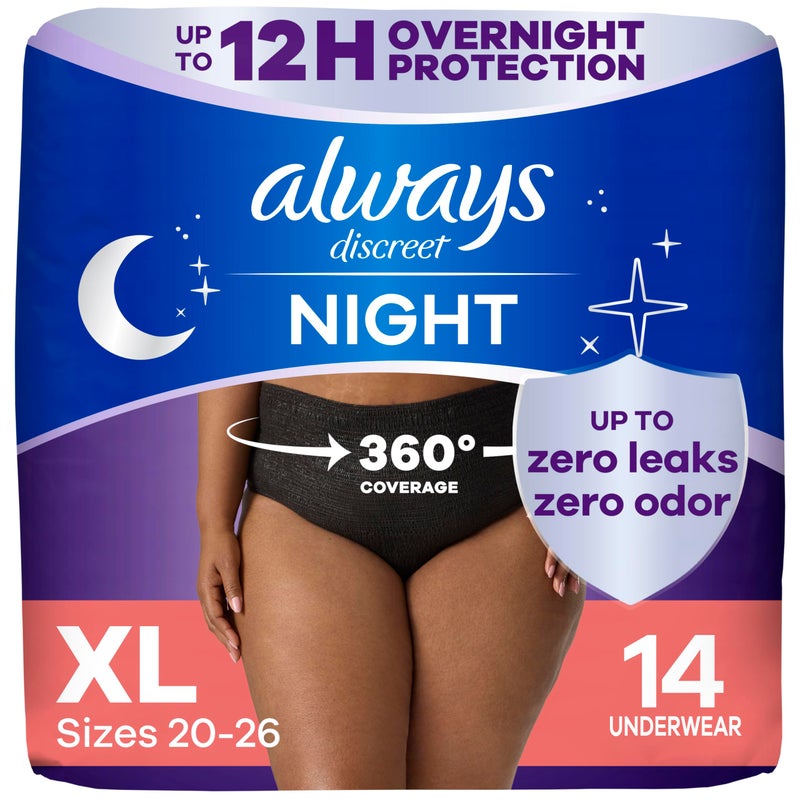 Always Discreet Adult Incontinence Overnight Underwear for Women Extra Large Up to 100 Bladder Leak Protection 14 Count